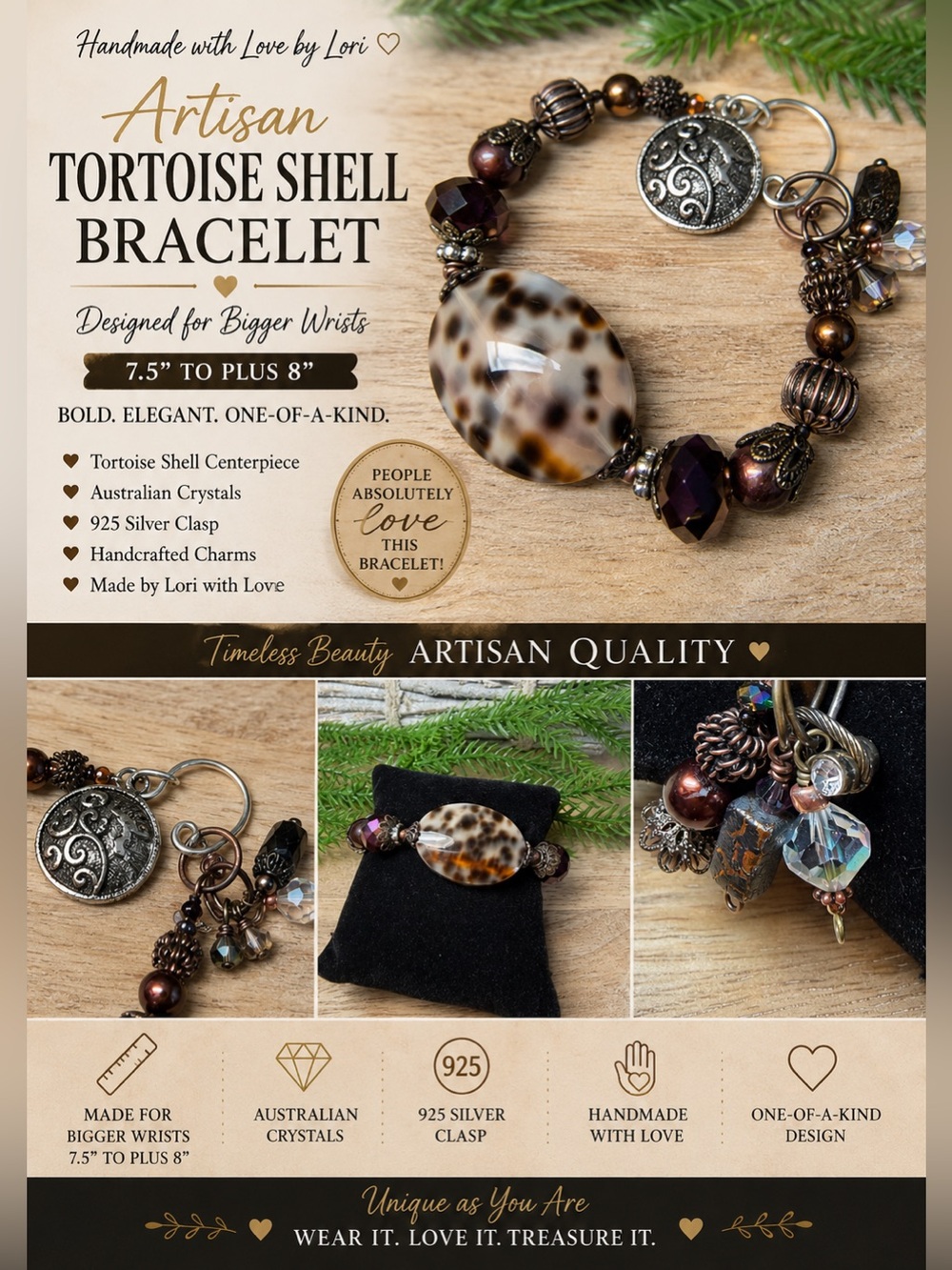Elegant Beaded Tortoise Shell Bracelet with Silver Accents For Bigger Wrists